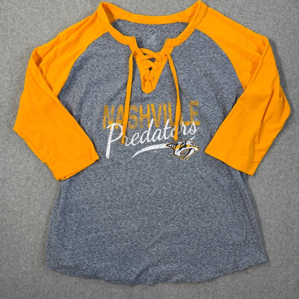 Nashville Predators Women's Large (12/14) Raglan T-Shirt 3/4 Sleeve Lace Up Gray